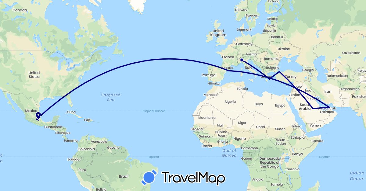 TravelMap itinerary: driving in United Arab Emirates, Spain, Greece, Italy, Mexico, Saudi Arabia, Turkey (Asia, Europe, North America)